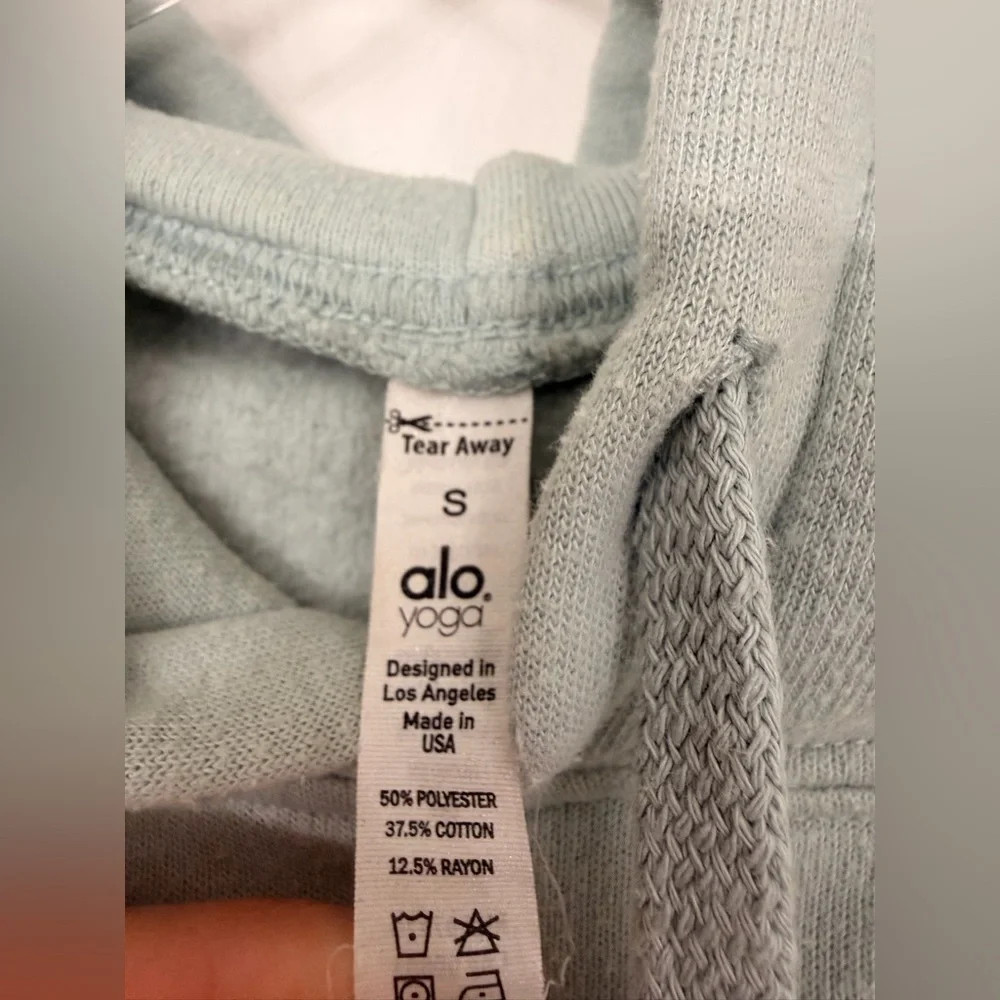 ALO Yoga Cropped Raw Edge Hoodie Light Blue Size Small